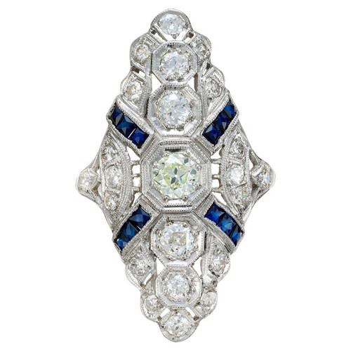 .68 Carat Diamond Blue Sapphire Platinum Filigree Cocktail Ring