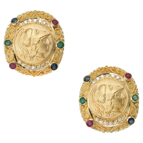 Byzantine Sapphire Diamon Ruby Emerald Yellow Gold Clip Post Earrings