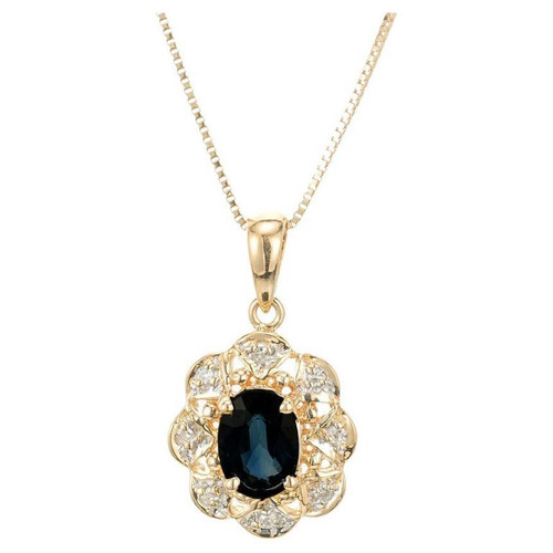 .75 Sapphire Diamond Halo Yellow Gold Pendant Necklace