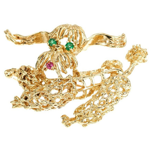 .6 Carat Emerald Ruby Yellow Gold Poodle Brooch
