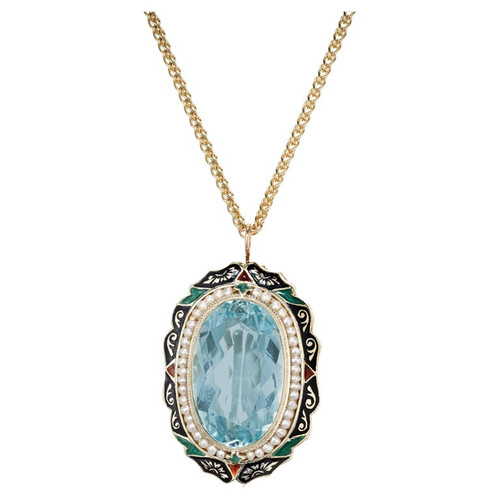 Oval 11.35 Carat Aqua Pearl Halo Enamel Gold Art Deco Brooch Pendant Necklace