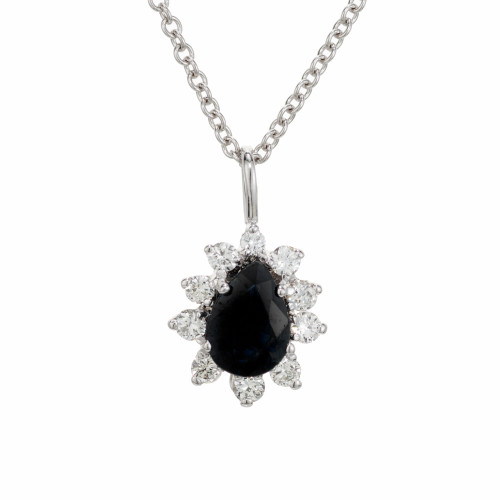 .50 Carat Pear Sapphire Round Diamond Halo 18k White Gold Pendant Necklace