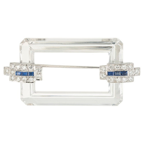 .54 Carat Diamond Sapphire Rock Crystal Art Deco Platinum Brooch