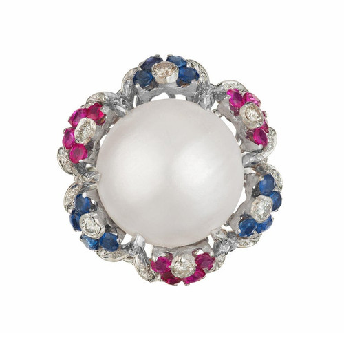 Mobe Pearl Diamond Sapphire Ruby Halo White Gold Mid-Century Cocktail Ring