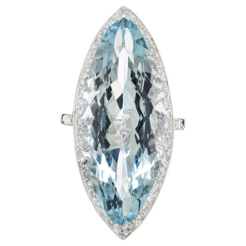 15.00 Carat Marquise Aquamarine Diamond Sapphire White Gold Cocktail Ring