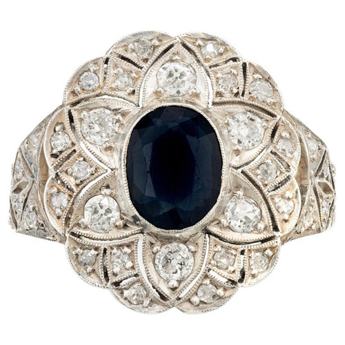 GIA Certified 1.30 Carat Oval Sapphire Diamond Yellow Gold Silver Cocktail Ring