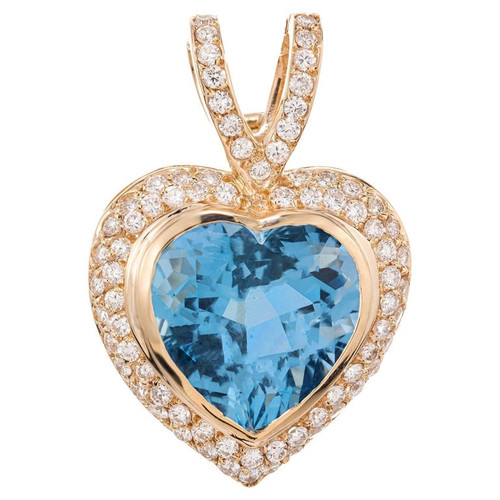 12.00 Carat Blue Topaz Diamond Yellow Gold Heart Pendant Enhancer