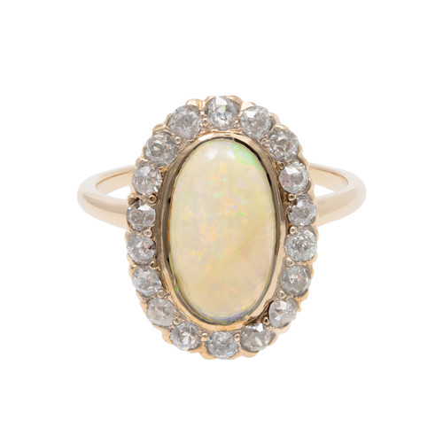 1.20 Carat Oval Opal Diamond Halo Yellow Gold Ring