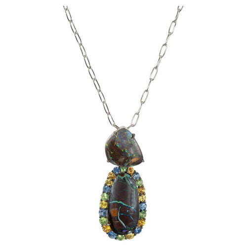 Peter Suchy 4.90 Carat Boulder Opal Garnet Sapphire White Gold Pendant Necklace