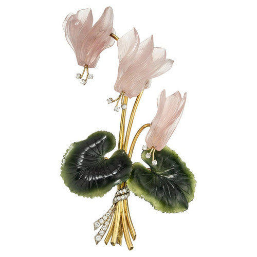 .75 Carat Diamond Jade Quartz Yellow Gold Carved Flower Brooch