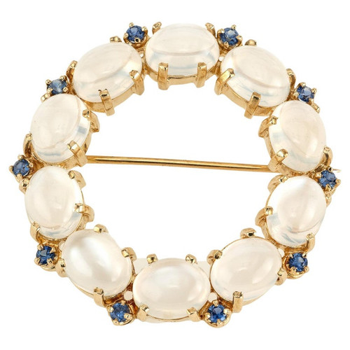 15.00 Carat Oval Moonstone Round Sapphire Yellow Gold Circle Brooch