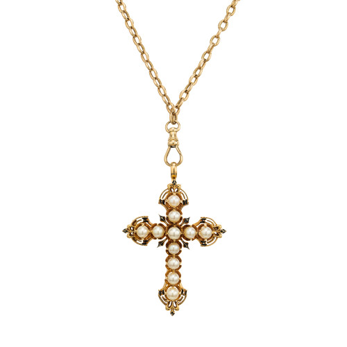 GIA Certified 4.76 mm Pearl Yellow Gold Enamel Cross Brooch Pendant Necklace