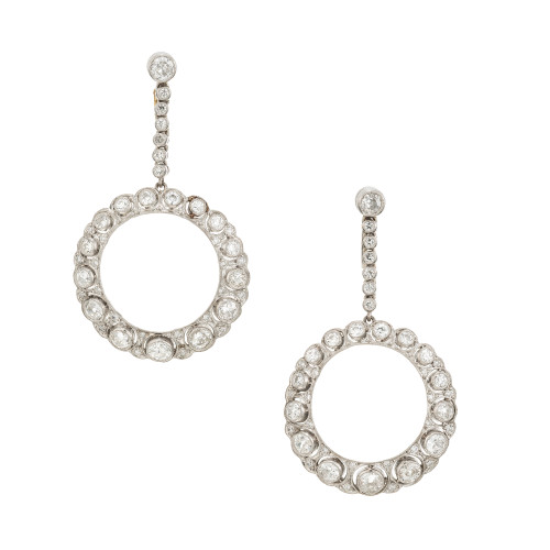 2.36 Carat Round Diamond Platinum Circle Dangle Art Deco Earrings