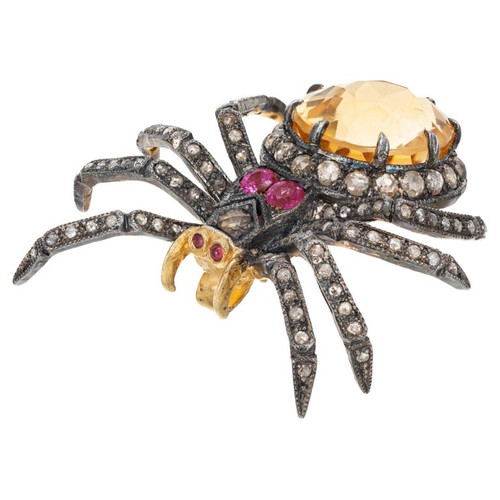 7.00 Carat Citrine Ruby Diamond Silver Spider Brooch Pendant