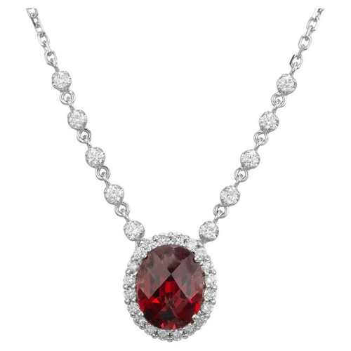 3.50 Carat Oval Garnet Round Diamond Halo 14k White Gold Necklace