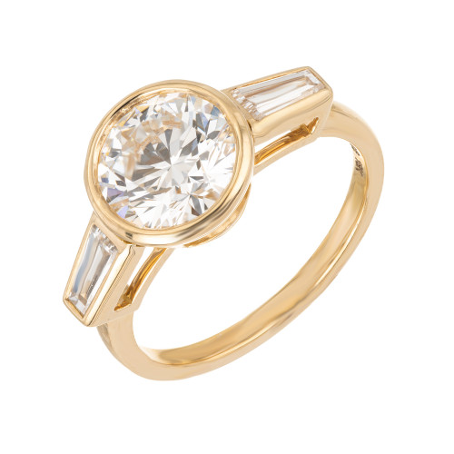 2.07 Carat Lab Grown Round Baguette Diamond Yellow Gold Three Stone Engagement Ring