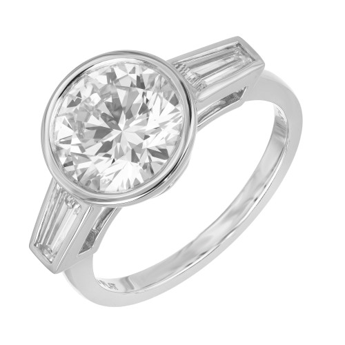 2.52 Carat Lab Grown Round Baguette Diamond Plaintum Three Stone Ring