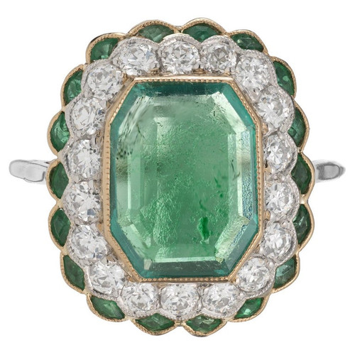 GIA Certified 1.90 Carat Emerald Diamond Halo Two Tone Gold Art Deco Ring