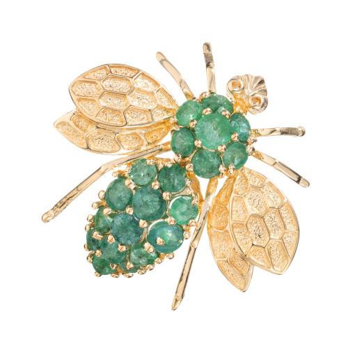 1.60 Carat Round Emerald 14k Yellow Gold Fly Brooch