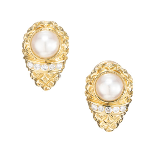 .20 Carat Diamond Pearl 18k Yellow Gold Tear Drop Clip Post Earrings