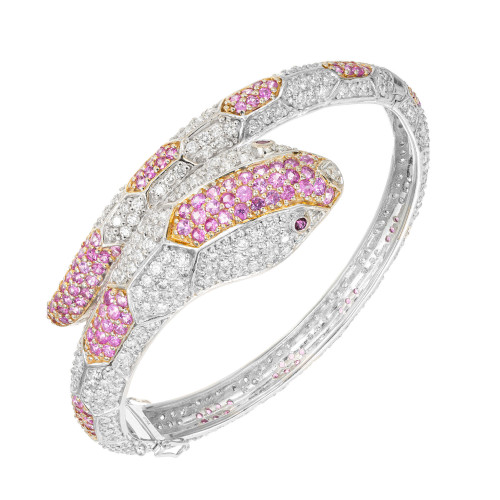 11.88 Carat Sapphire Ruby Diamond Gold Snake Bangle Bracelet