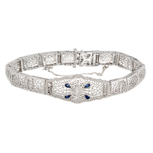 Vintage Filigree 14k White Gold .18ct Sapphire .03ct Diamond Bracelet