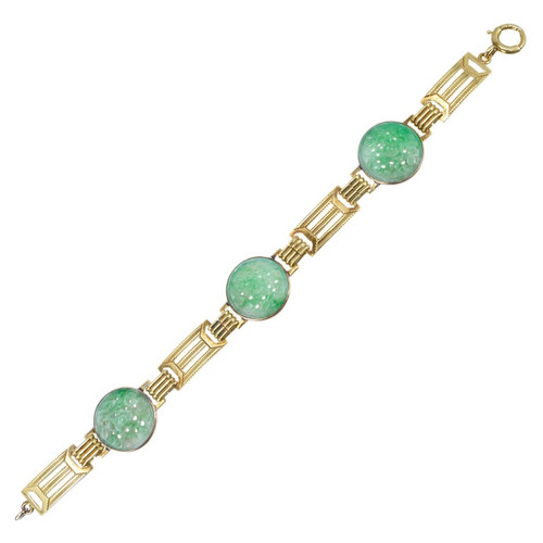 Art Deco Genuine Jadeite Jade Green Gold Carved Link Bracelet