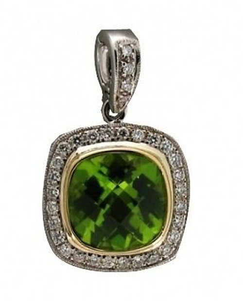 Estate Cushion Cut Green Peridot 2.80ct and Pave Diamond 14k Pendant Enhancer