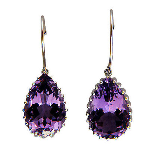 Vintage 11.45ct Medium Purple Pear Fine Amethyst 14k Gold Wire Dangle Earrings