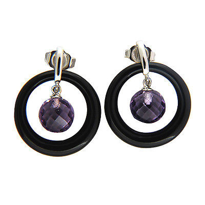 Vintage 5.57ct Hanging Amethyst Briolette Jet Onyx 14k Gold Dangle Earrings