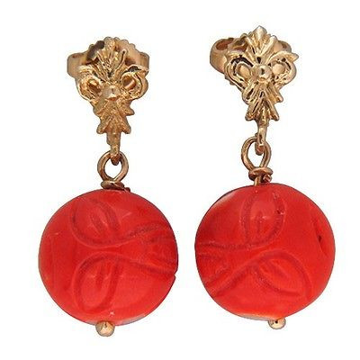 Vintage 12mm Carved Untreated Salmon Coral 14k Dangle Pierced Post Earrings