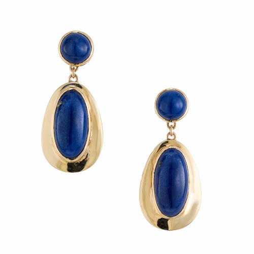 Vintage Oval Round Fine Bright Blue Lapis 14k Yellow Gold Lapis Dangle Earrings