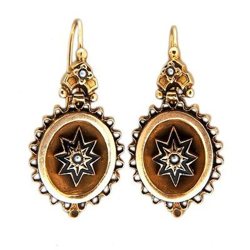 Vintage Estate Victorian 14k Natural Pearl Yellow Gold Enamel Star Earrings