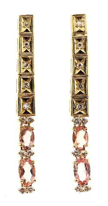 Vintage 18k Gold 1 3/4 Inch Precious Pink Precious Topaz Diamond Dangle Earrings