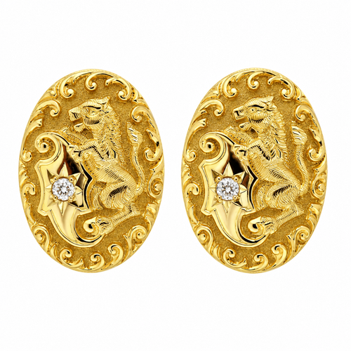  Victorian .05ct Diamond Yellow Gold Engraved Lion Earrings