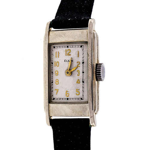 Art Deco 1932 Vintage Elgin 14k White Gold Black Satin Strap Watch 