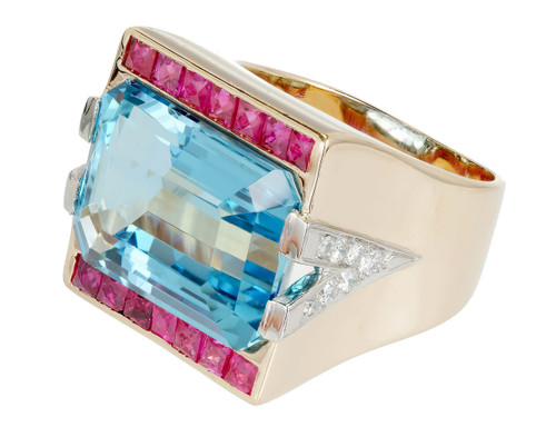 Retro Art Deco 15.83ct Natural Gem Aqua 14k Pink Gold Ruby Diamond Ring