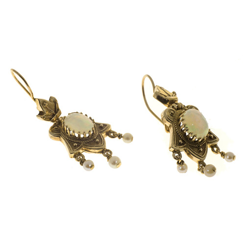 Vintage Victorian Style 14k Gold Soft White Opal Cultured Pearl Dangle Earrings