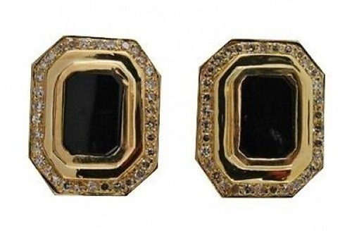 Estate 18k Yellow Gold Jet Black Onyx & Outer Row 66 Diamond Clip Post Earrings