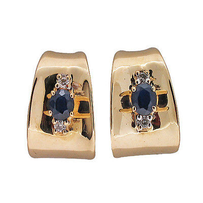 Vintage 3-D Curved 14k 1.20ct Blue Sapphire Diamond Pierced Post Earrings   