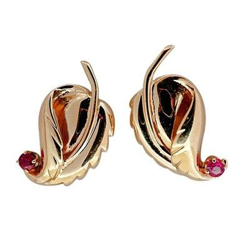 Vintage .35ct Fine Bright Red Ruby Retro Art Deco 1940'S 14k Gold Leaf Earrings