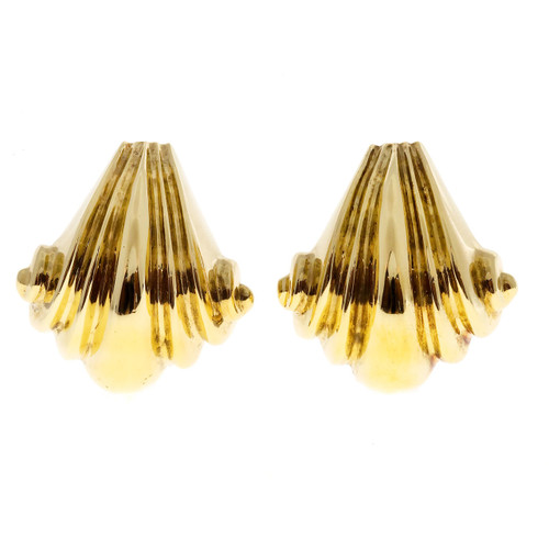 Estate Solid 18k Yellow Gold Italian Wave Design Clip Post Earrings