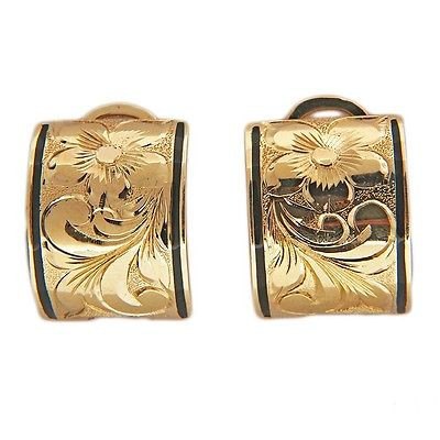 3/4 Inch Domed Earrings Hand Engraved Black Enamel Striped Edge Clip And Post