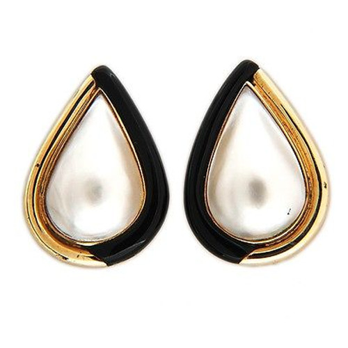 Vintage Pear Shape 22 x 13mm Pear Mobe Pearl 14k Earrings Black Onyx