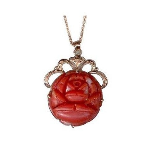 Vintage 1935 Carved Untreated Deep Red Coral 14k Pink Gold Flower Pendant Chain