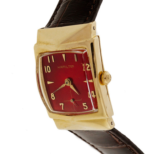 Custom Vintage 1950 Hamilton Gold Strap Watch Custom Colored Bright Red Dial