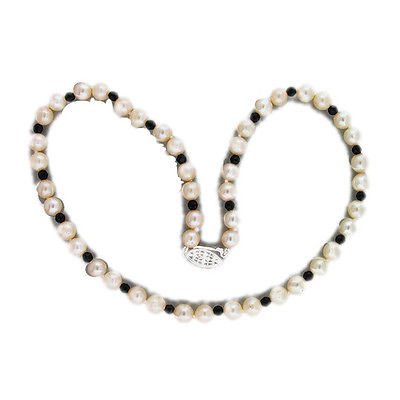 Vintage 17 3/4 In 7.6mm Japanese Cultured Akoya Pearl Onyx Deco Necklace Gold