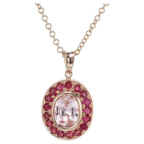 1.71 Carat Pink Sapphire Ruby Halo Rose Gold Pendant Necklace