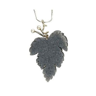 Estate Designer 14k Grey Druzy Leaf Cultured Pearl White Gold Chain Pendant