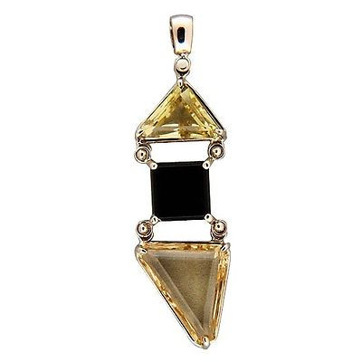Vintage Free Form Triangle Yellow Beryl Heliodore Onyx 14k Pendant      